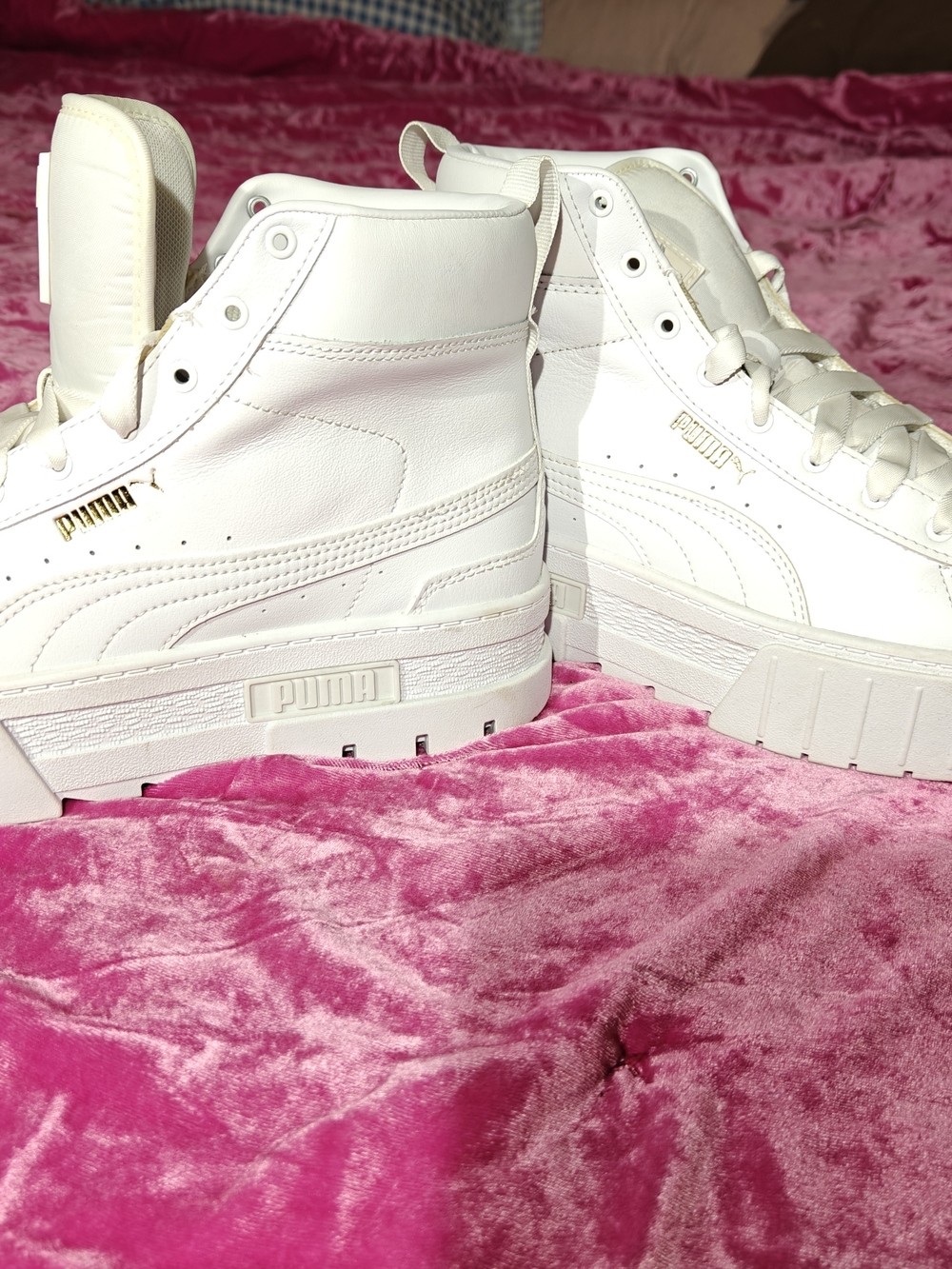 Puma Women’s White Leather High-Top Platform Sneakers with Gold Logo